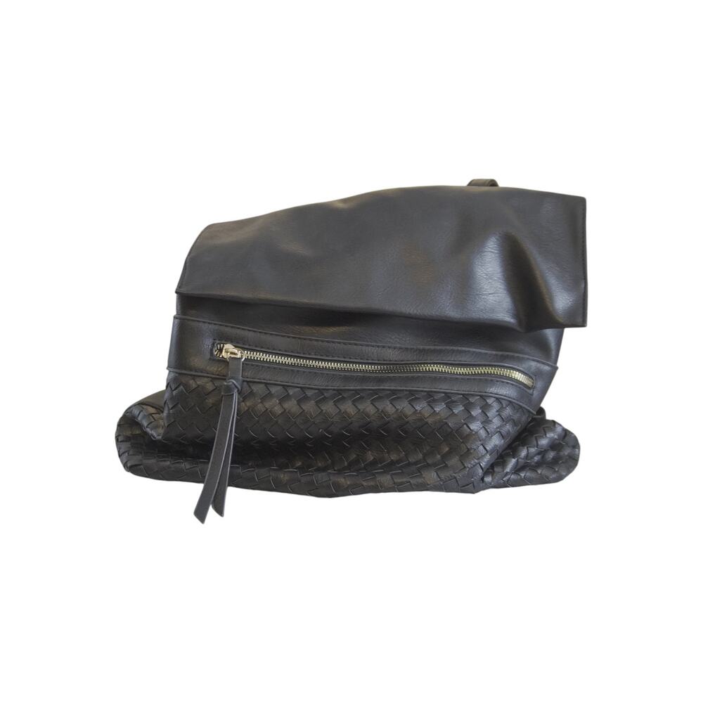 Black Woven Faux Leather Backpack Tote Animal Print Lining Laptop School Bag - Picture 8 of 16